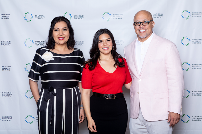 (L to R): Angeles Valenciano, CEO of the National Diversity Council, actress America Ferrera and Dennis Kennedy at the 15th Annual National Diversity & Leadership Conference, 2019.