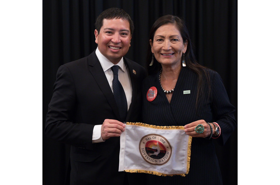 David Sickey with then-Rep. Deb Haaland, Laguna Pueblo, (now Secretary of the Interior), at the historic Orpheum Theatre during the 2019 Frank LaMere Native American Presidential Forum, the nation’s first-ever presidential forum focusing entirely on Native American issues. Photo courtesy of Brian Pavlich.