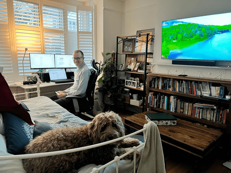 Andy Taylor and Marley in Taylor’s home office in London.